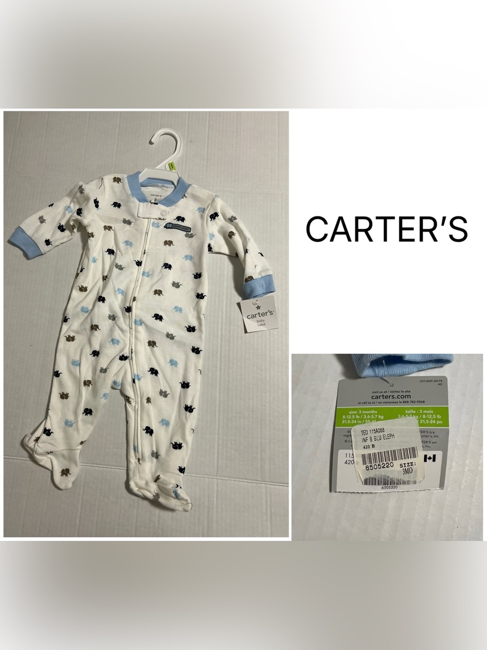 CARTER’S - 3M - NWT - INFANT BOYS BLUE WHITE ELEPHANT SLEEPER